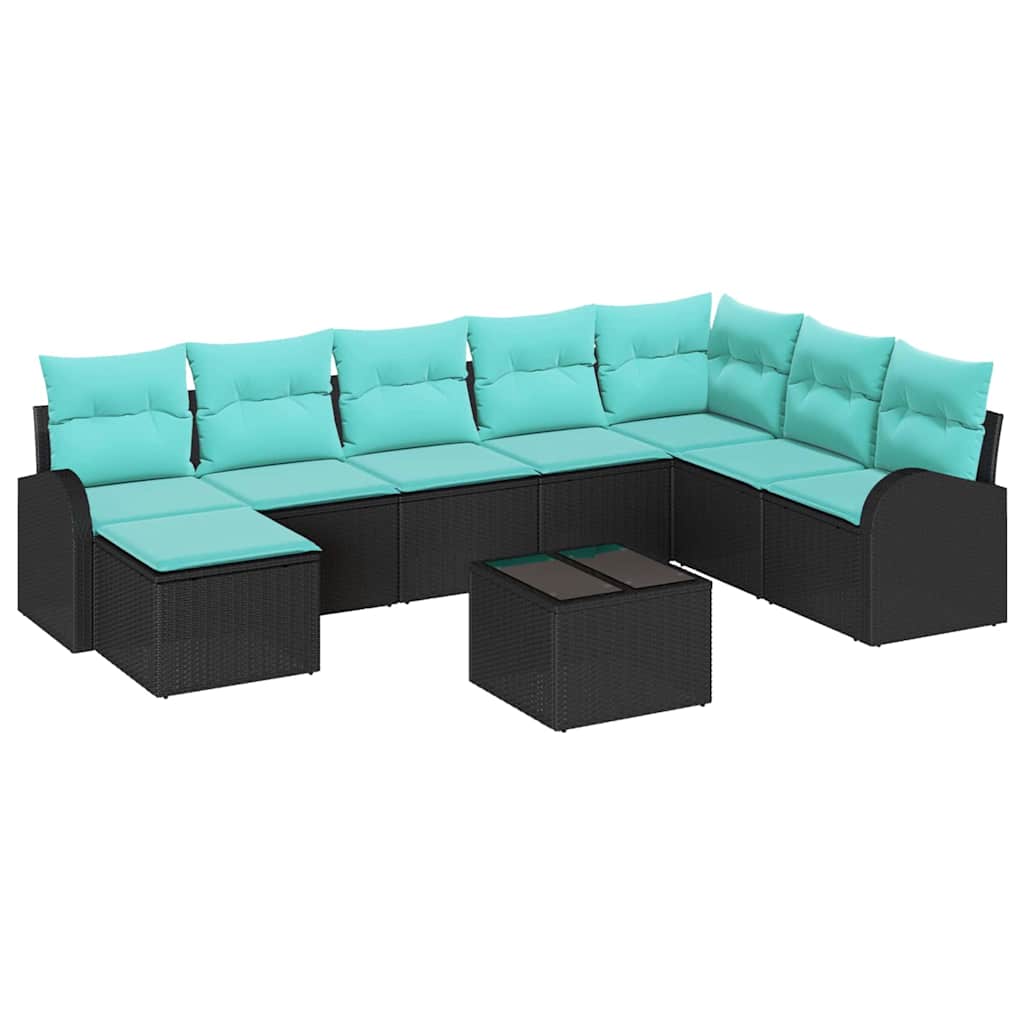 Ensemble de Canapés 9 pcs Noir et turquoise polyrotin
