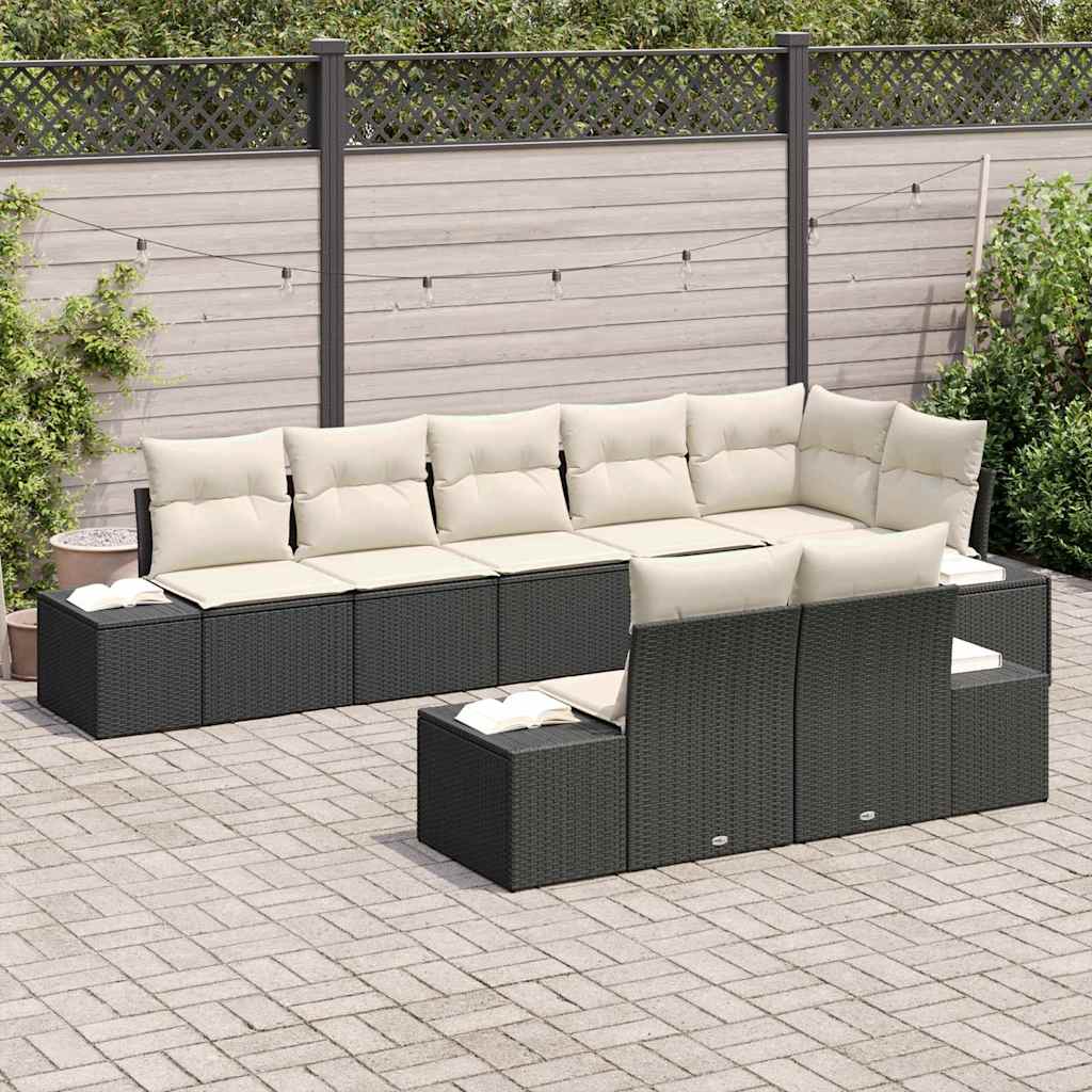 Ensemble de canapé de jardin 8 pc Noir et Crème Poly rotin