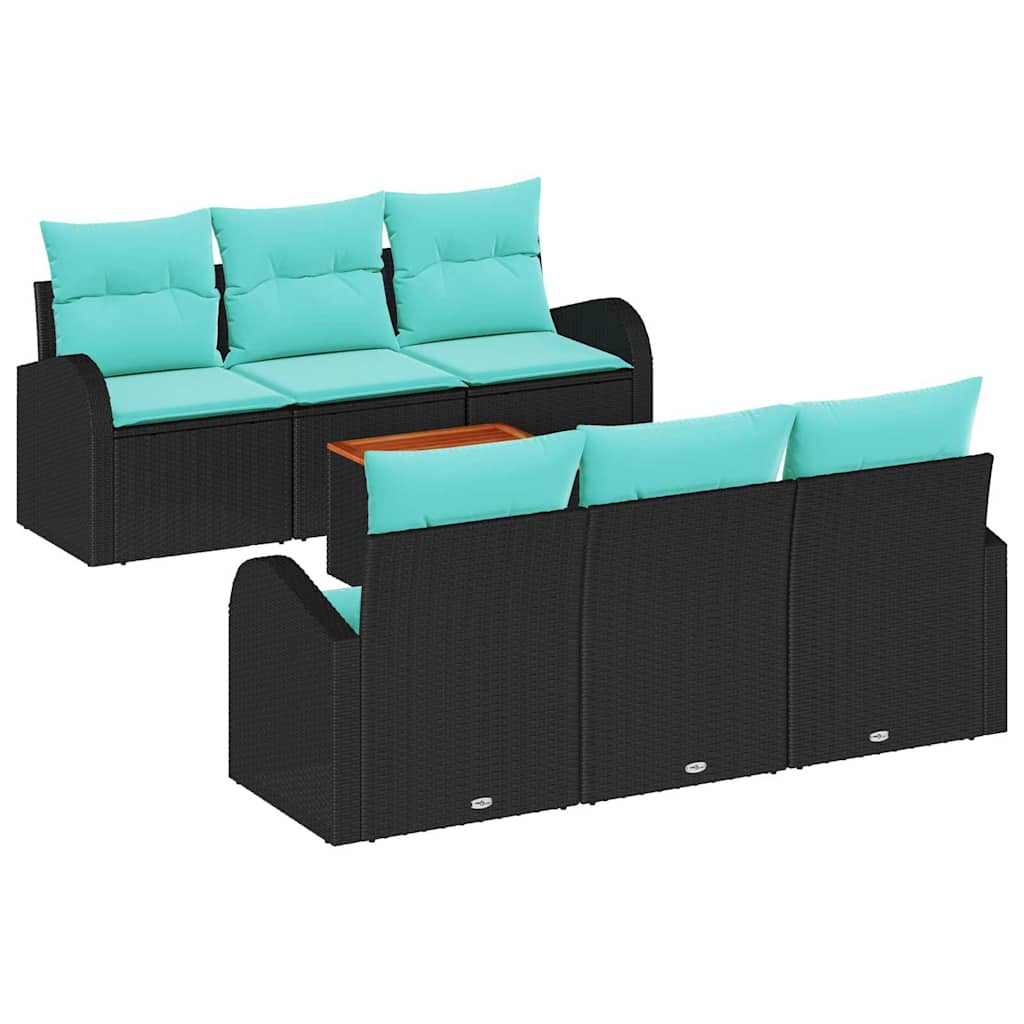 Ensemble de canapé de jardin 7 pcs Noir et turquoise polyrotin