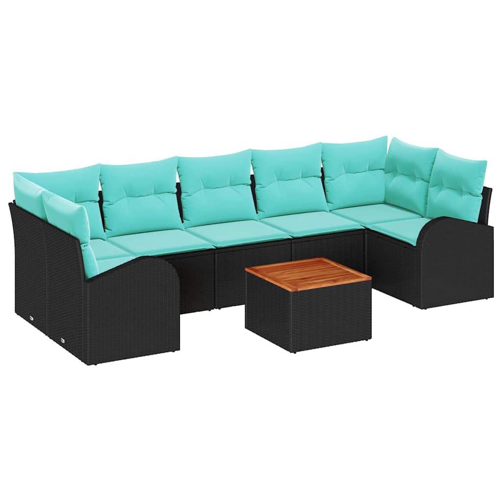 Ensemble de canapé de jardin 8 pcs Noir et turquoise polyrotin