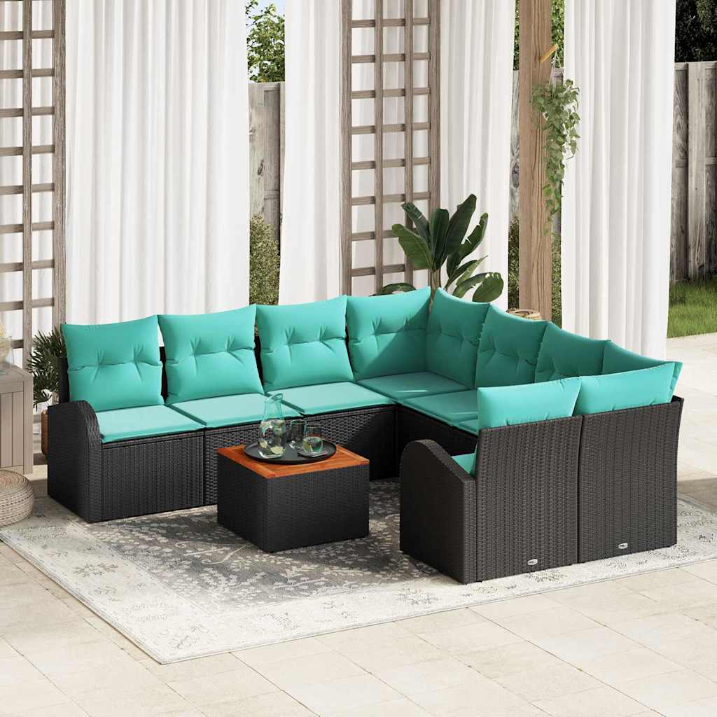 Ensemble de canapé de jardin 9 pcs Noir et turquoise polyrotin