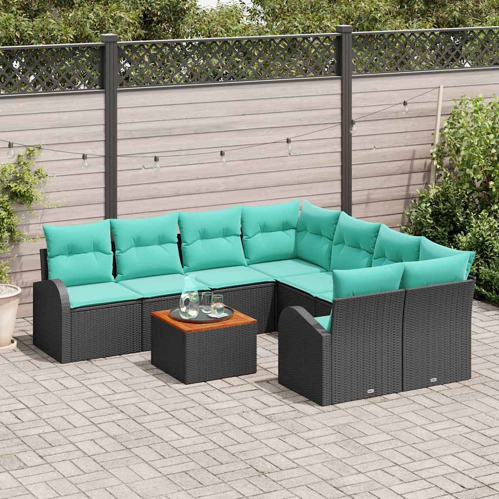 Ensemble de canapé de jardin 9 pcs Noir et turquoise polyrotin