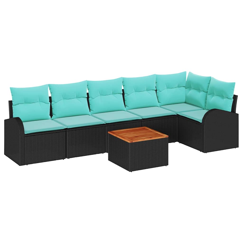 Ensemble de canapé de jardin 7 pcs Noir et turquoise polyrotin