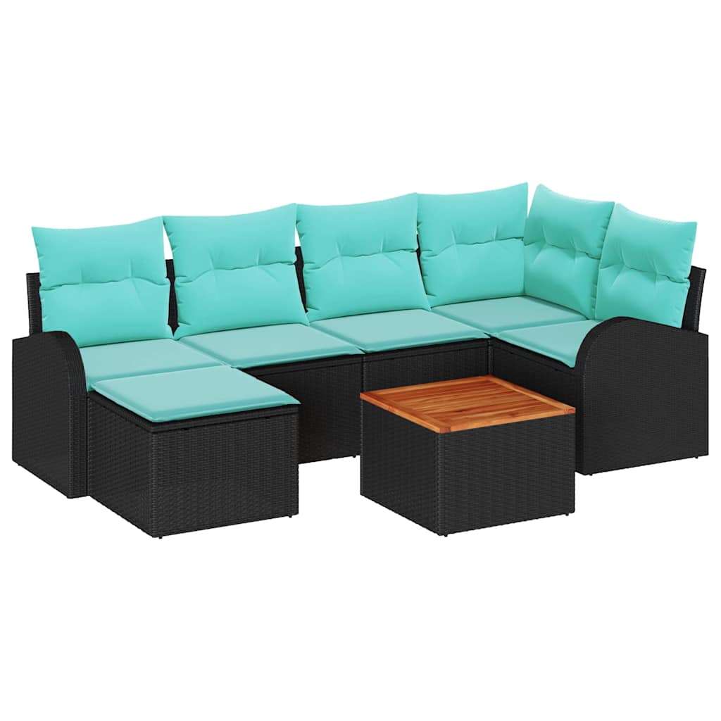 Ensemble de canapé de jardin 7 pcs Noir et turquoise polyrotin