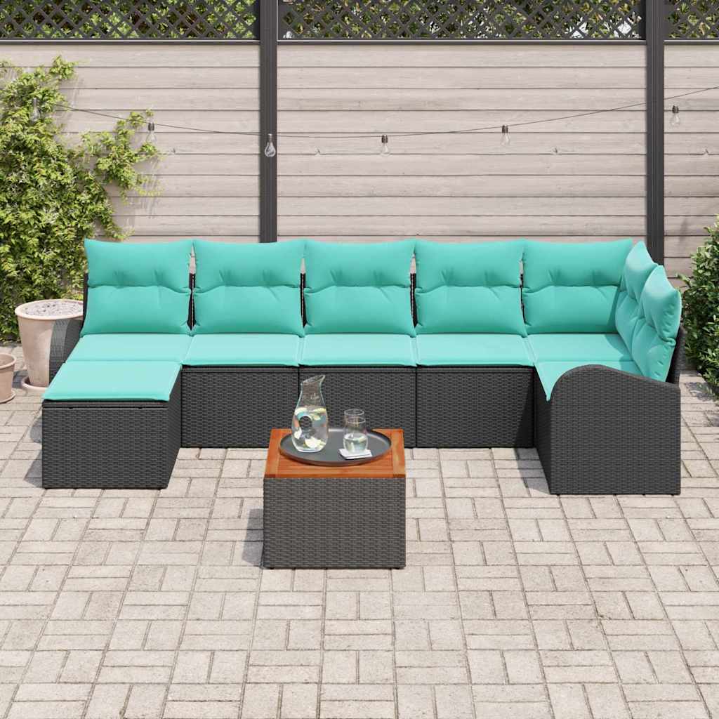 Ensemble de canapé de jardin 8 pcs Noir et turquoise polyrotin