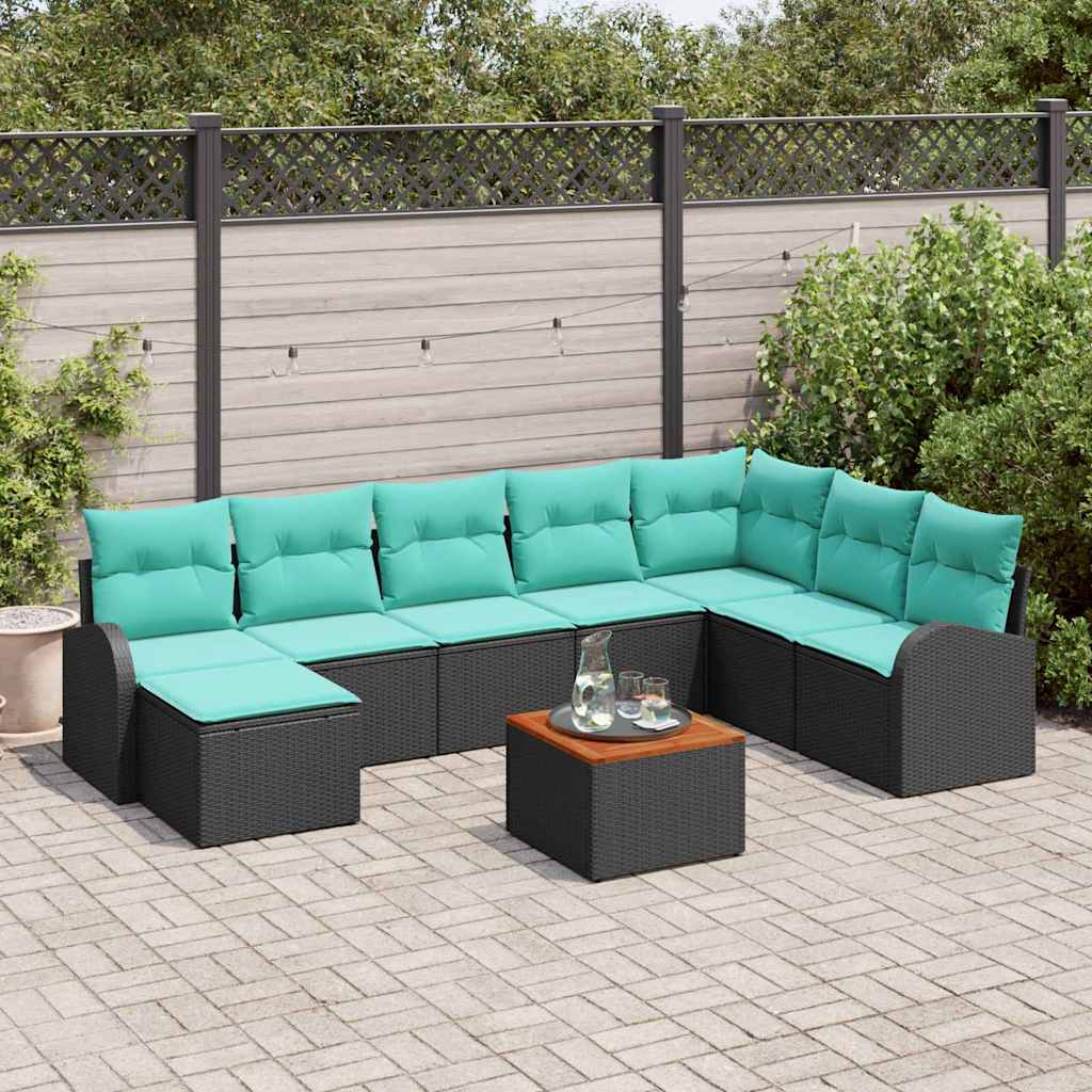 Ensemble de canapé de jardin 9 pcs Noir et turquoise polyrotin