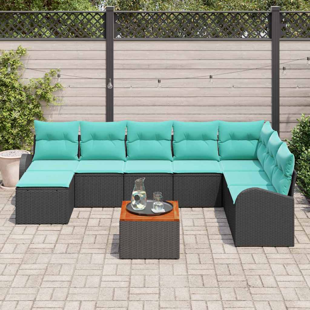 Ensemble de canapé de jardin 9 pcs Noir et turquoise polyrotin