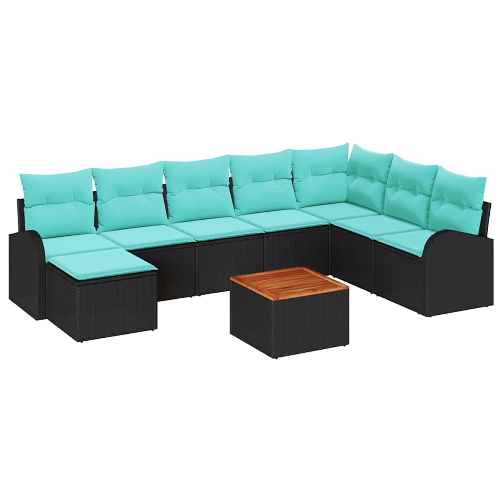 Ensemble de canapé de jardin 9 pcs Noir et turquoise polyrotin