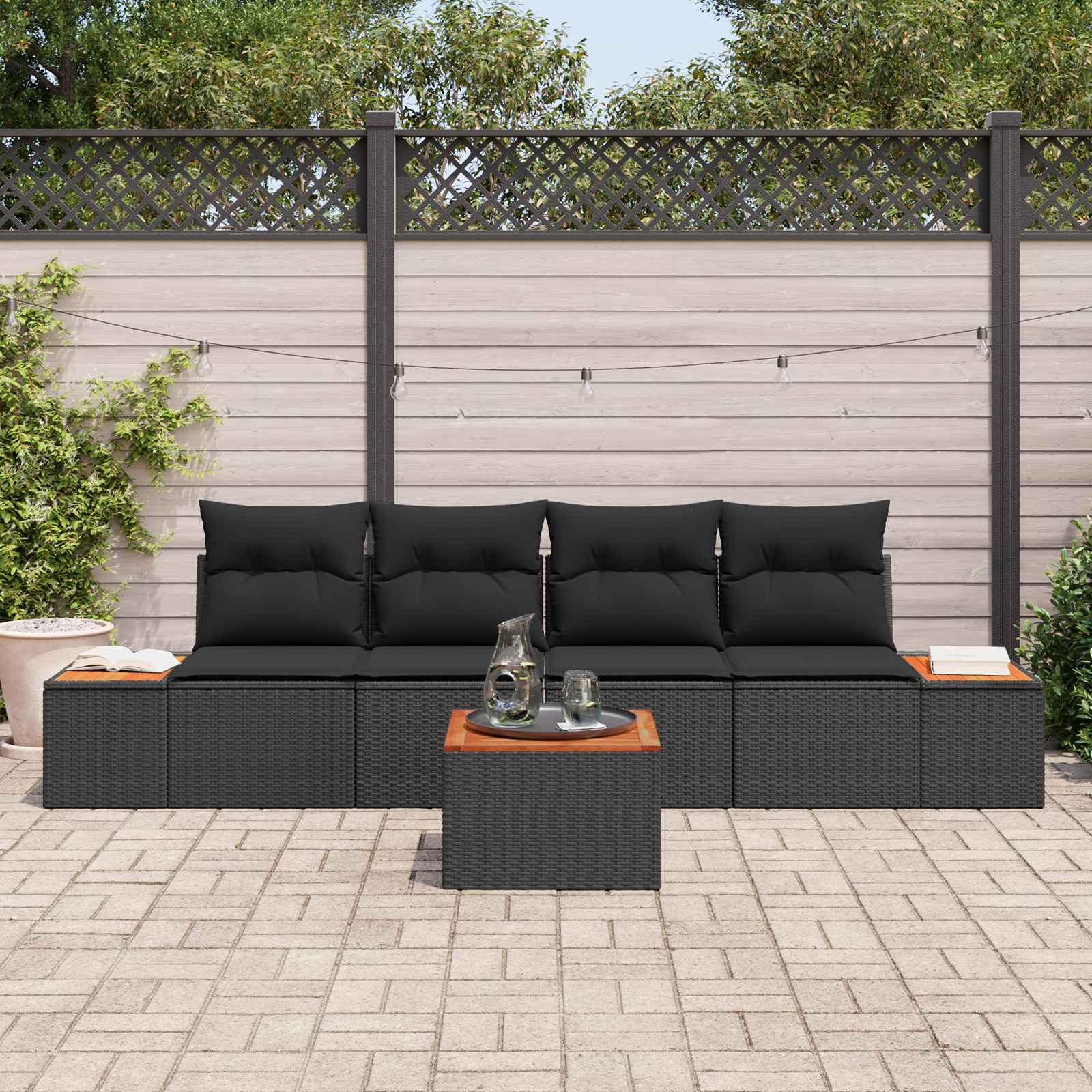 Ensemble de canapé de jardin avec coussin 5 pcs Noir Poly rotin - XIOS