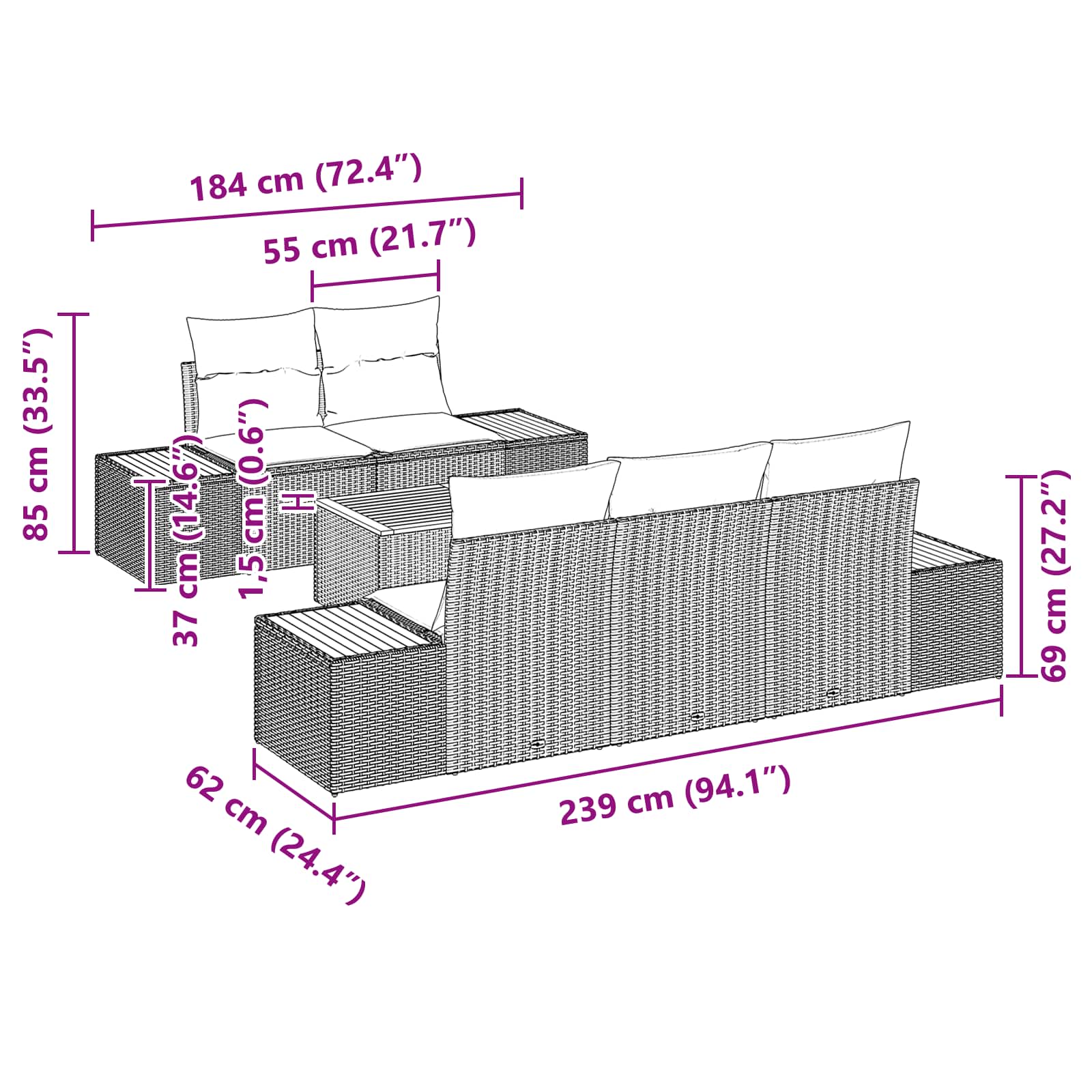 Ensemble de canapé de jardin 6 pcs Noir Poly rotin - XIOS