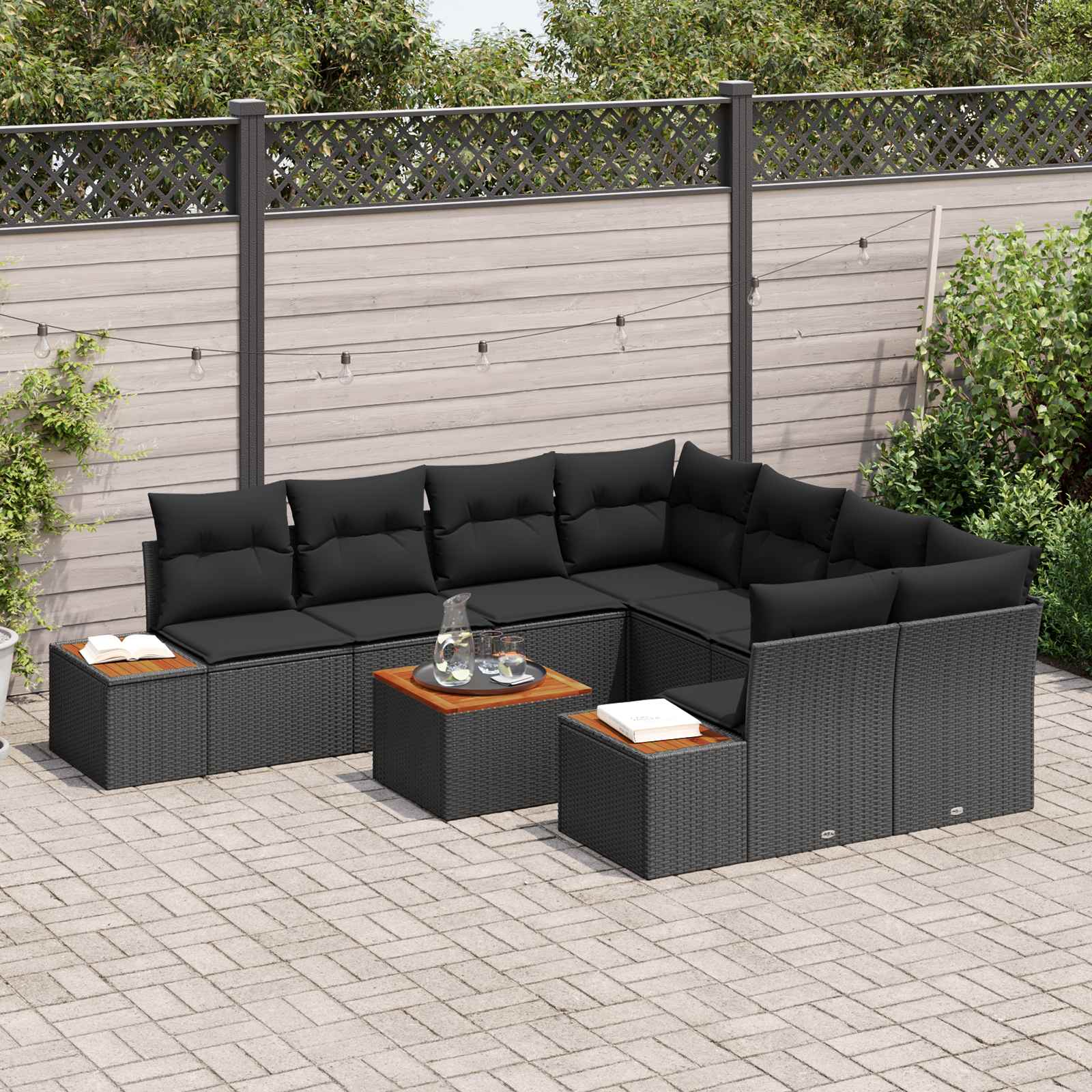 Ensemble de canapé de jardin avec coussin 9 pcs Noir Poly rotin