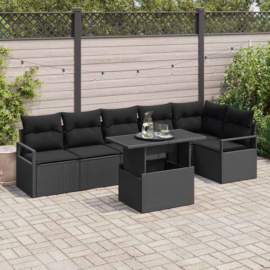 Ensemble de canapé de jardin avec coussin 7 pcs Noir Poly rotin