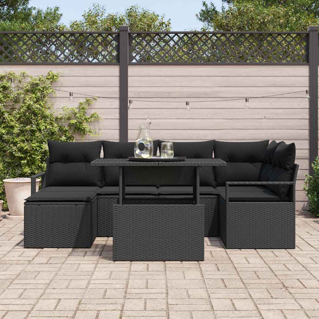 Ensemble de canapé de jardin 7 pcs Noir Poly rotin