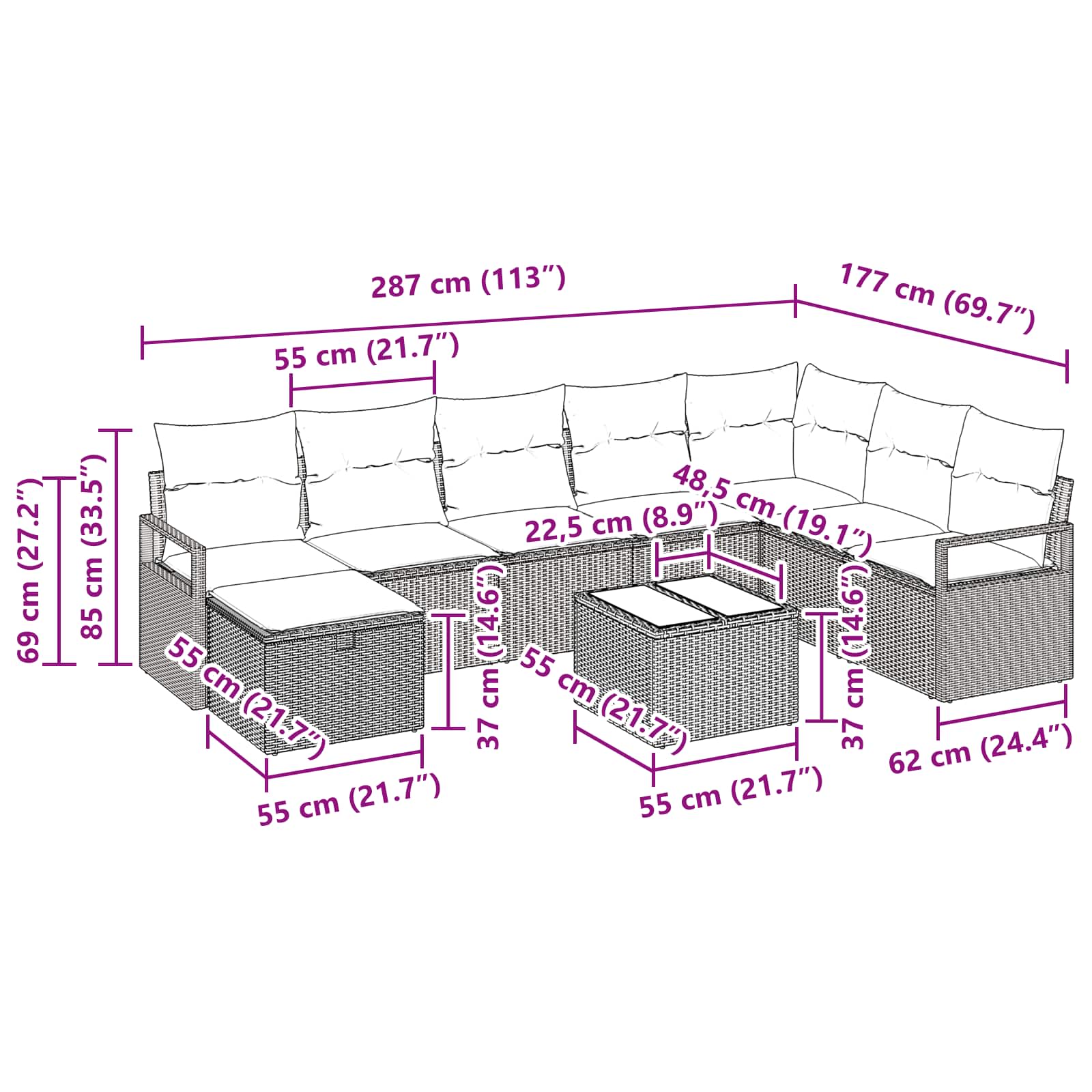 Ensemble de Canapés avec coussin 9 pcs Marron polyrotin - XIOS