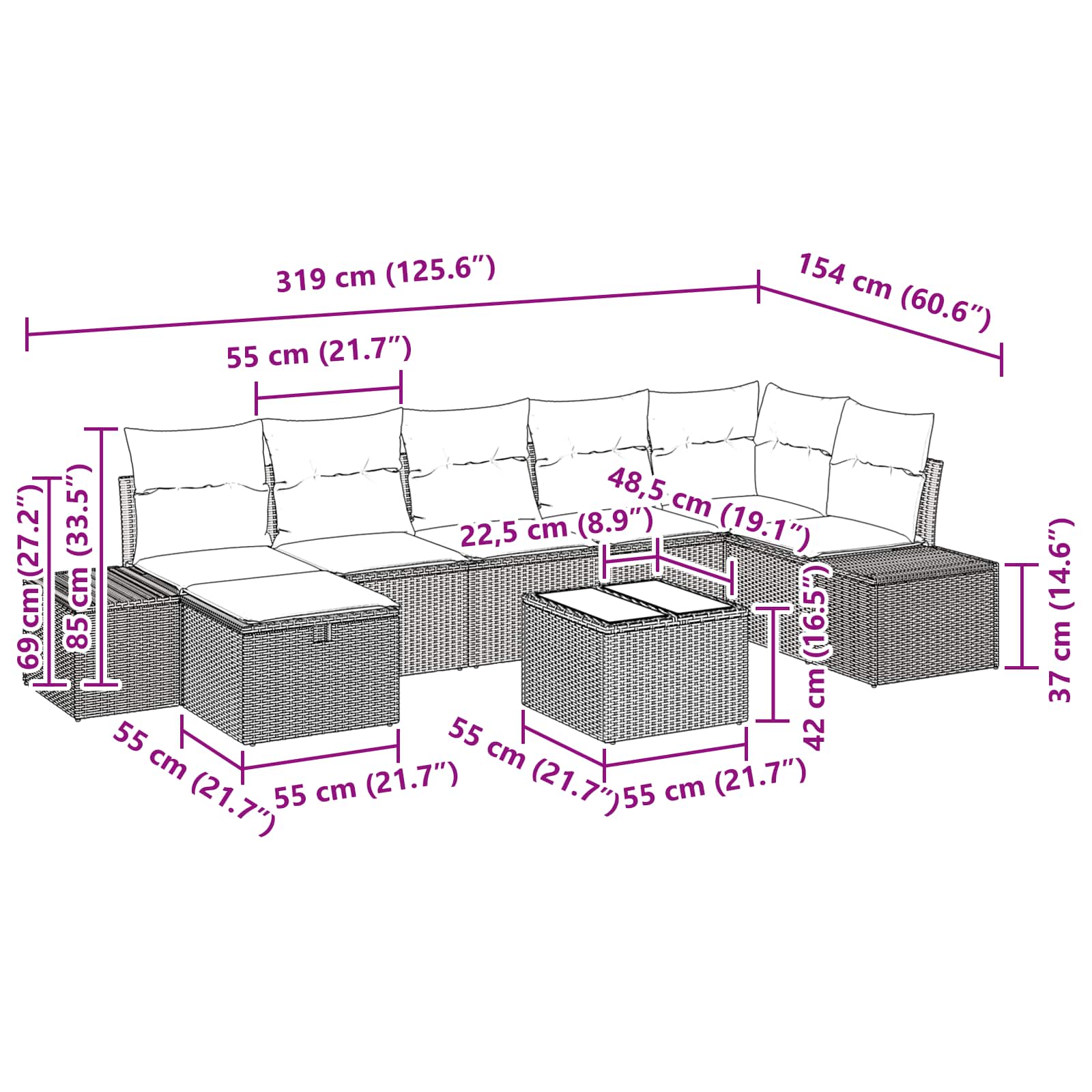 Ensemble de canapé de jardin 8 pcs Marron polyrotin - XIOS