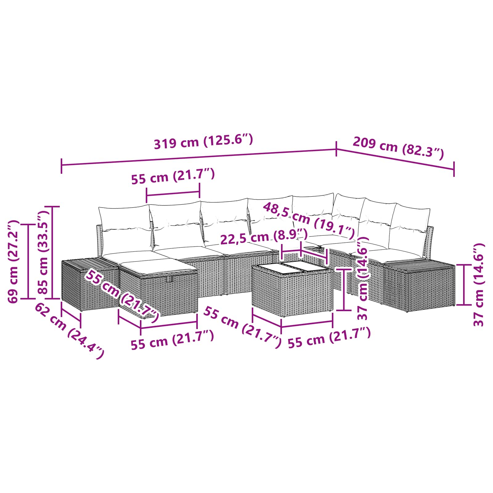 Ensemble de canapé de jardin 9 pcs Marron polyrotin - XIOS