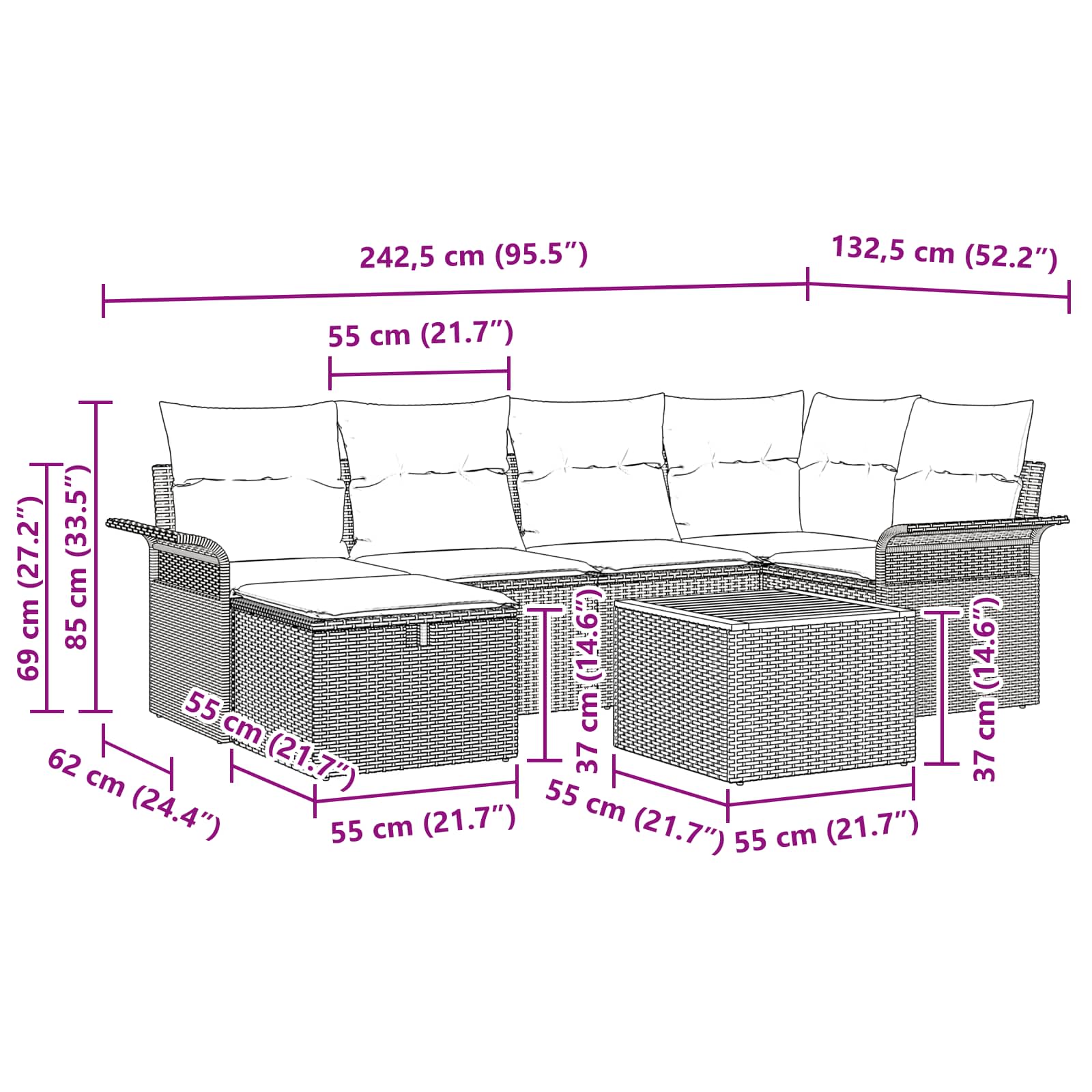 Ensemble de canapé de jardin avec coussin 7 pcs Gris polyrotin - XIOS