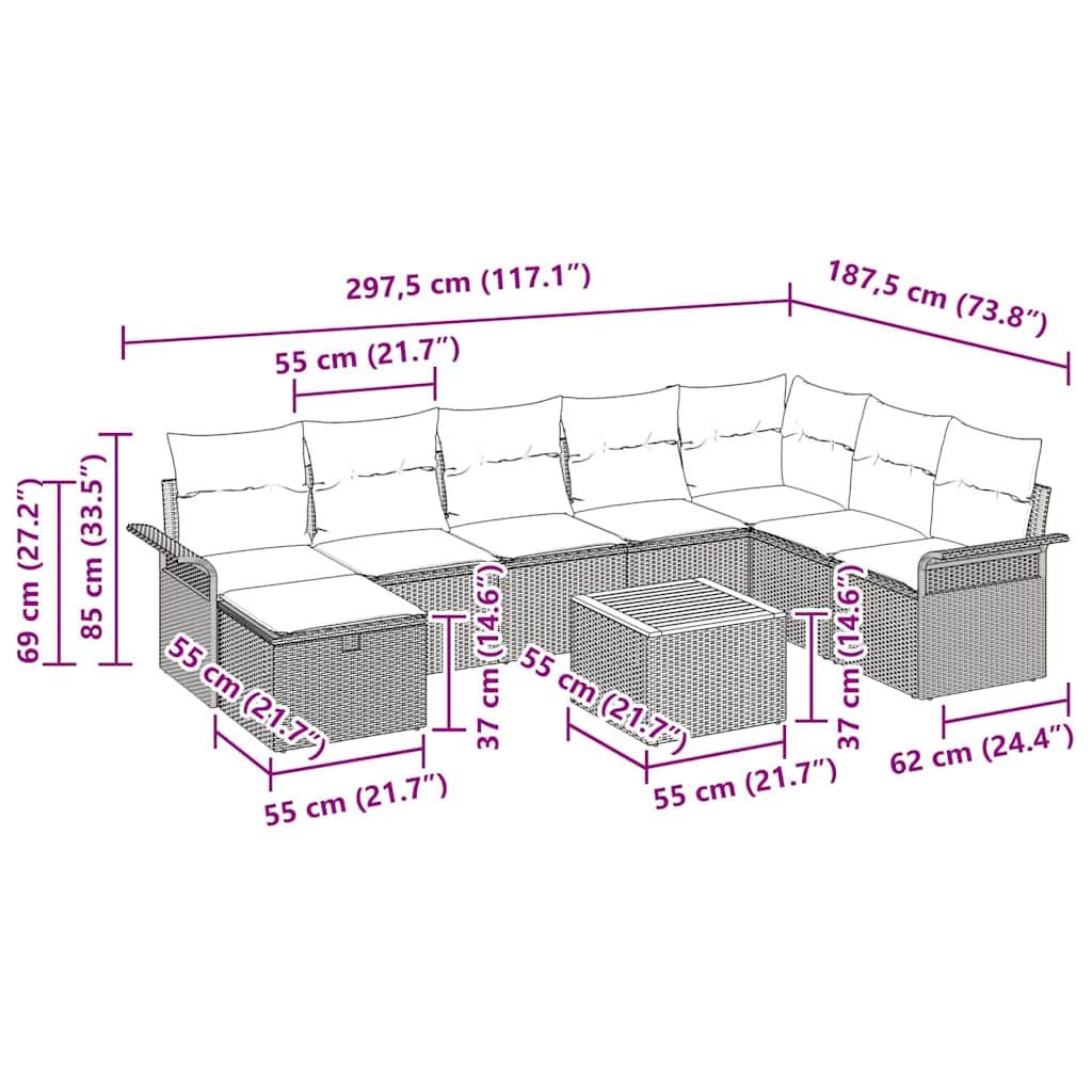 Ensemble de canapé de jardin avec coussin 9 pcs Noir polyrotin - XIOS