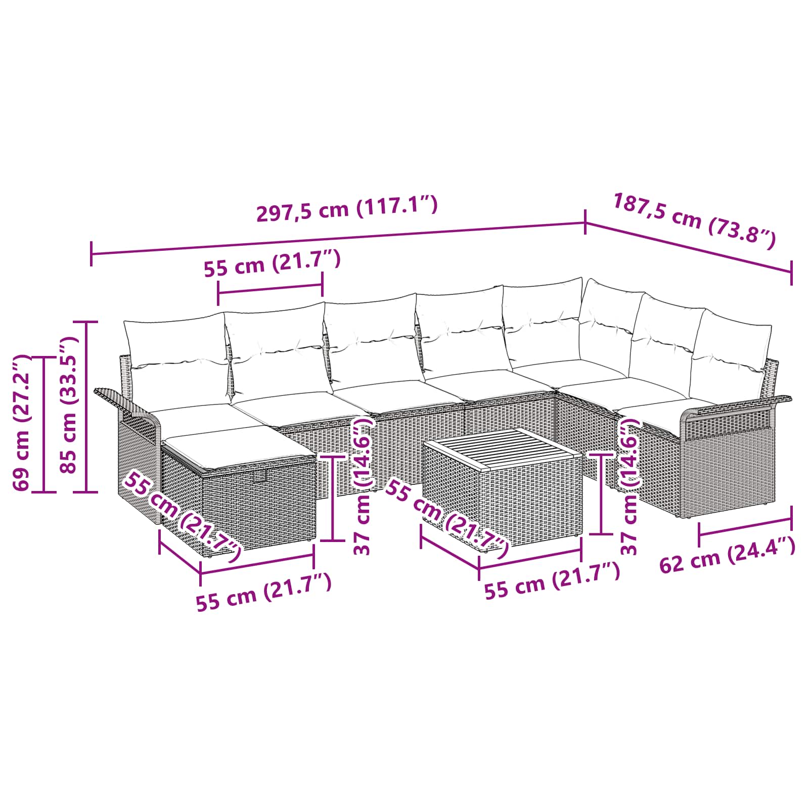 Ensemble de canapé de jardin avec coussin 9 pcs Noir polyrotin - XIOS