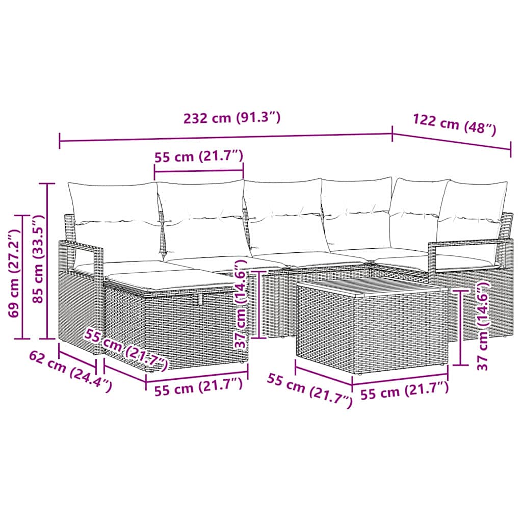 Ensemble de canapé de jardin avec coussin 7 pcs Beige polyrotin