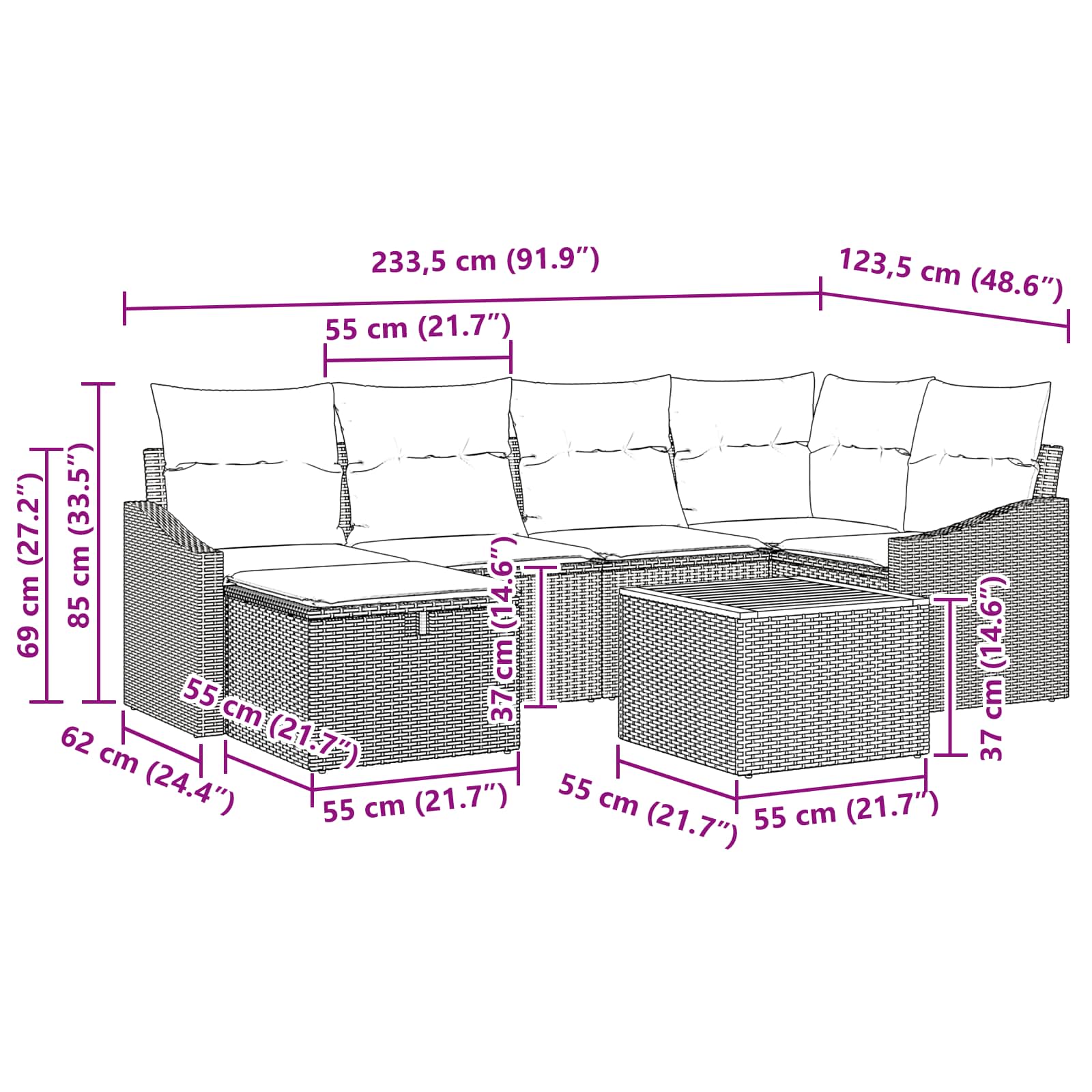 Ensemble de canapé de jardin avec coussin 7 pcs Noir polyrotin - XIOS