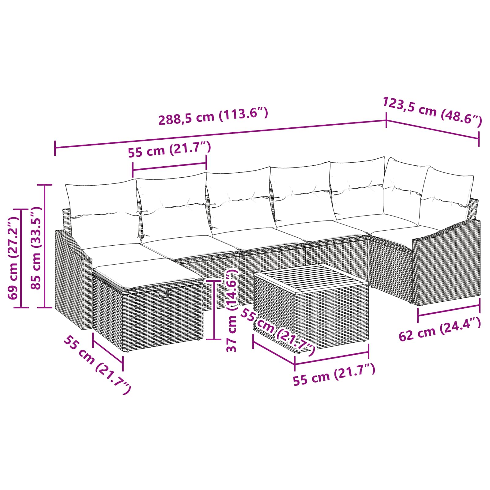 Ensemble de canapé de jardin avec coussin 8 pcs Noir polyrotin - XIOS