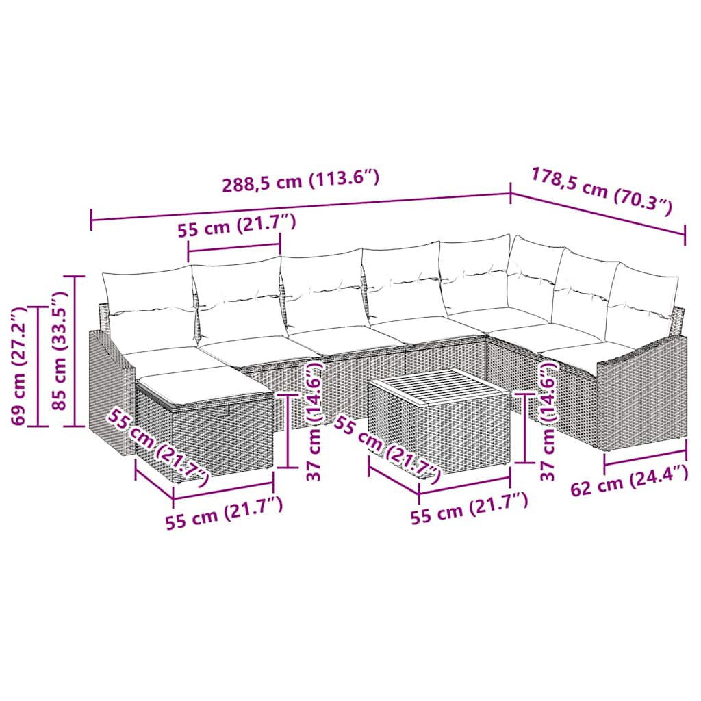 Ensemble de canapé de jardin avec coussin 9 pcs Noir polyrotin - XIOS
