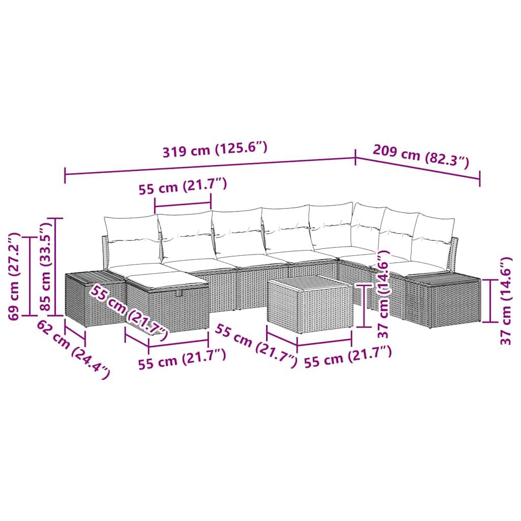 Ensemble de canapé de jardin avec coussin 9 pcs Noir polyrotin - XIOS
