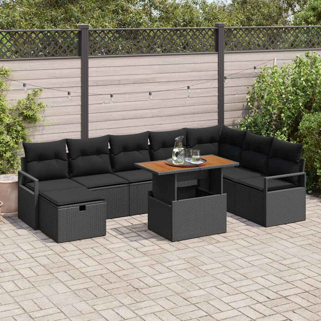 Ensemble de canapé de jardin avec coussin 9 pcs Noir polyrotin