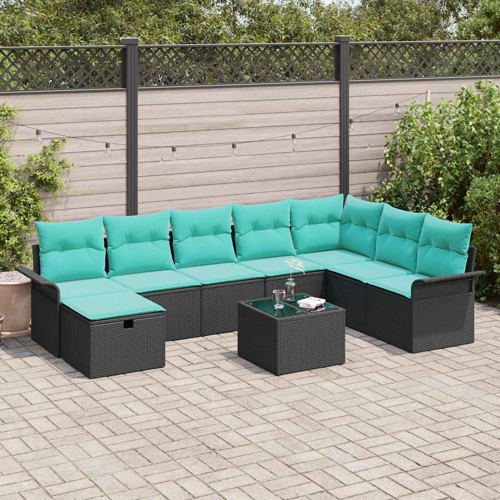 Ensemble de canapé de jardin avec coussin 9 pcs Noir Poly rotin - XIOS
