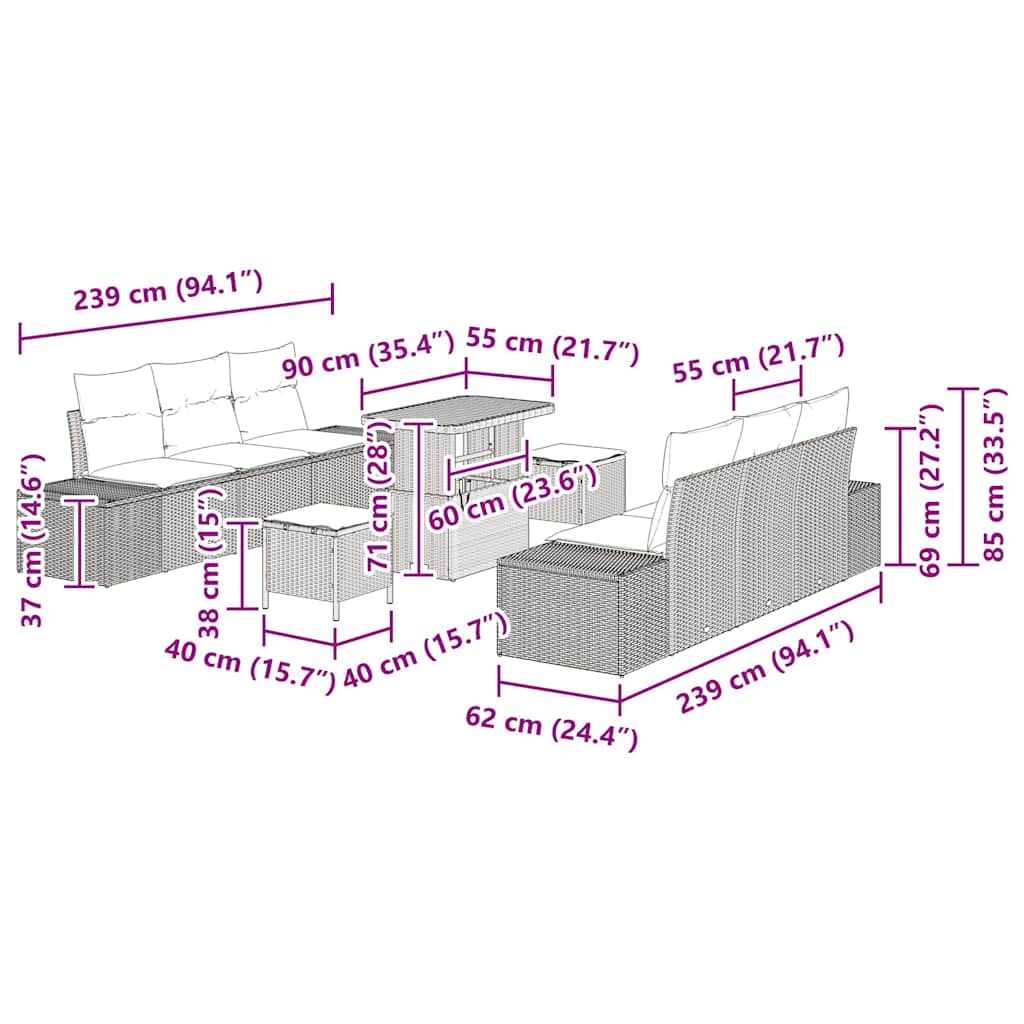 Ensemble de canapé de jardin avec coussin 9 pcs Gris polyrotin - XIOS
