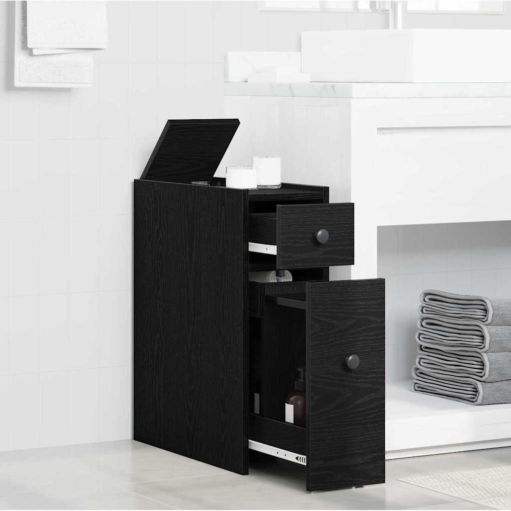 Armoire de salle de bain étroite avec roulettes en chêne noir et bois aggloméré