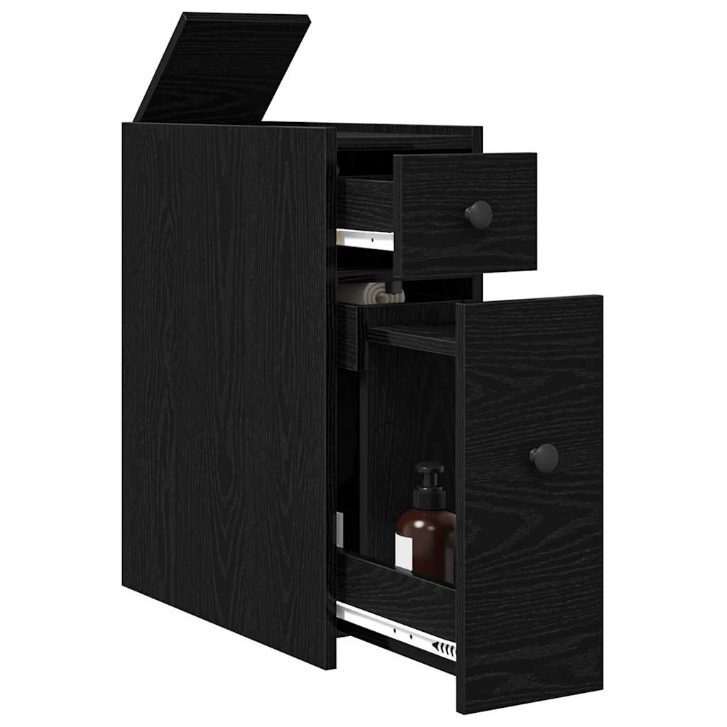 Armoire de salle de bain étroite avec roulettes en chêne noir et bois aggloméré