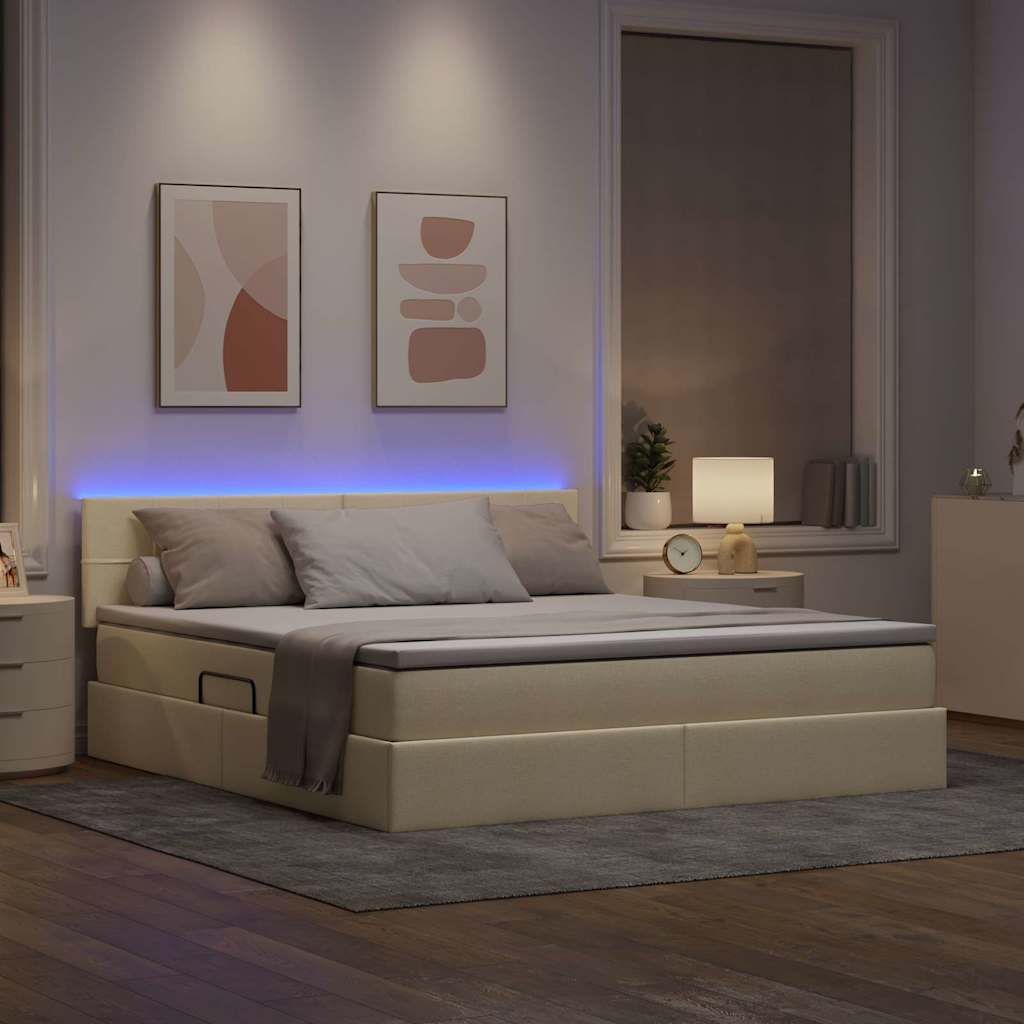 Lit avec rangement et LED avec matelas Crème 180 x 200 cm tissu - XIOS