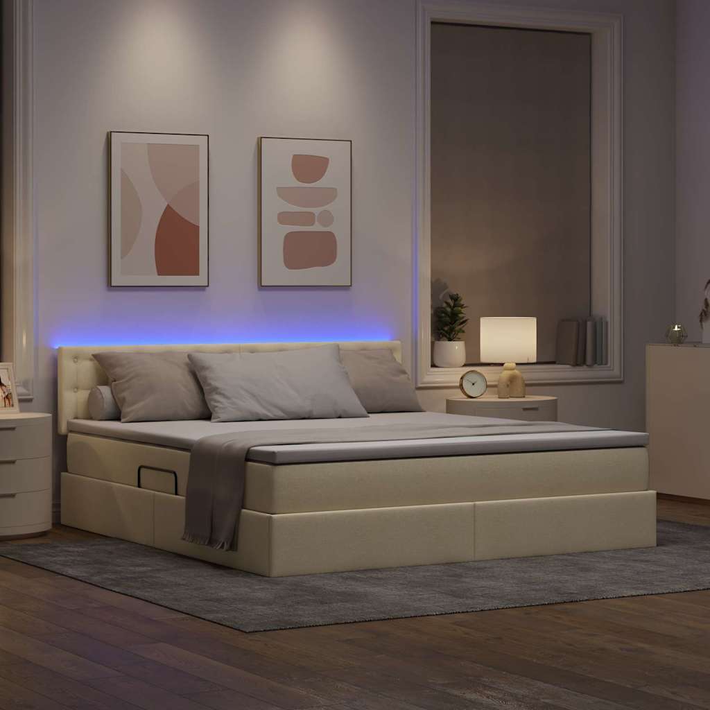 Lit avec rangement et LED avec matelas Crème 160 x 200 cm tissu - XIOS