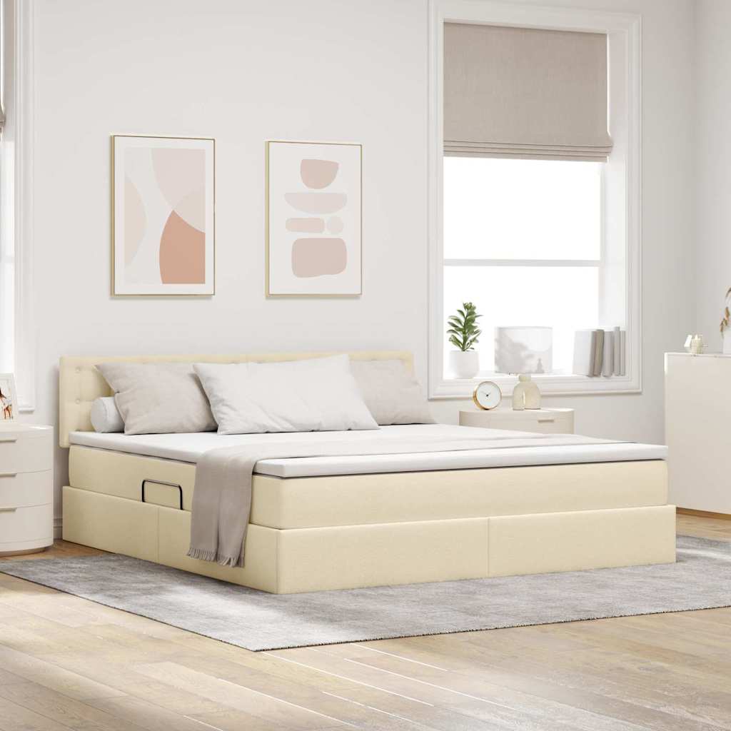 Lit avec rangement et LED avec matelas Crème 160 x 200 cm tissu - XIOS