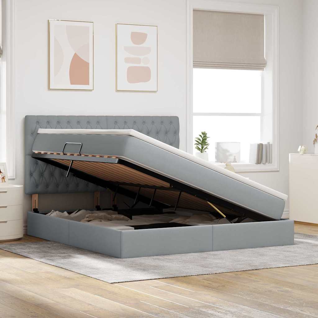 Lit avec rangement et matelas Gris clair 160 x 200 cm tissu