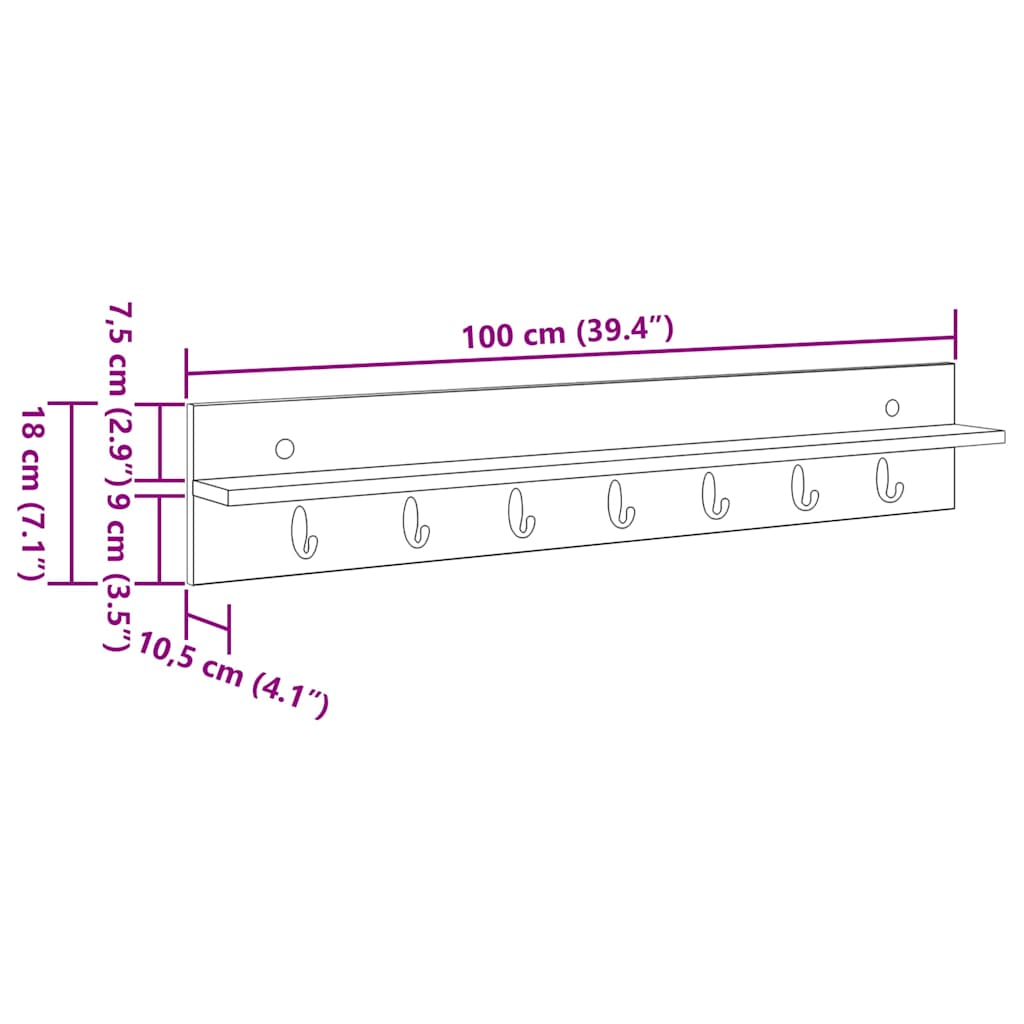 Porte-manteau mural avec étagère Sonoma gris 100 x 10.5 x 18 cm - XIOS