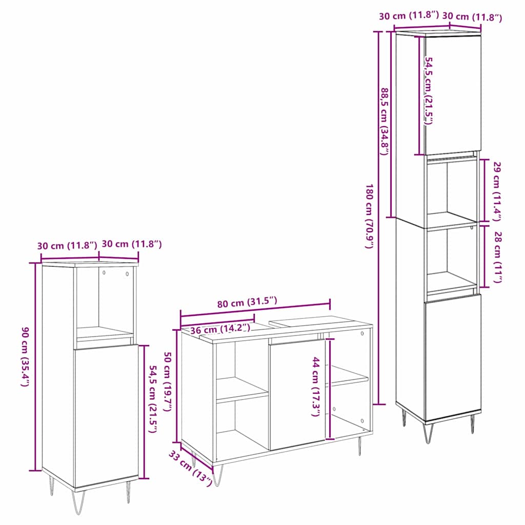 Ensemble de mobilier de salle de bain 3 pc Bois Ancien