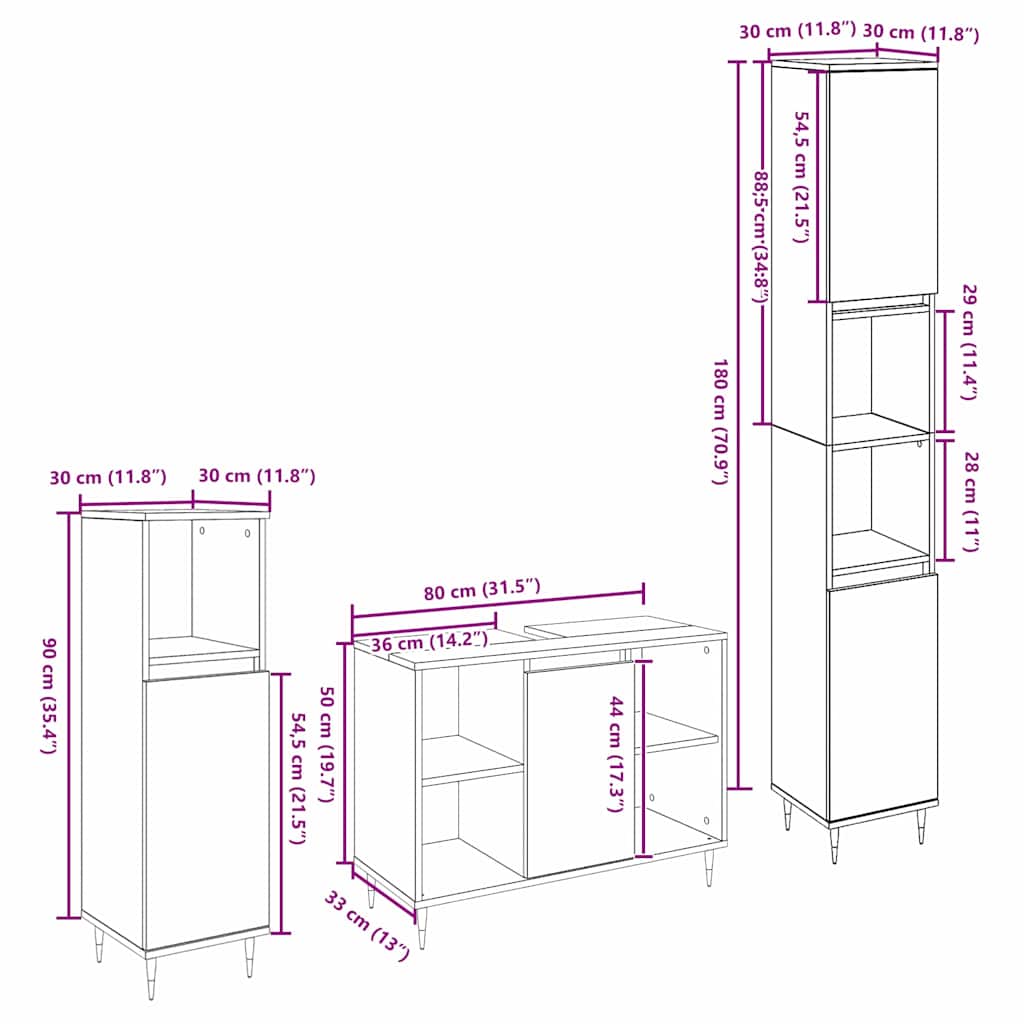 Ensemble de mobilier de salle de bain 3 pc Bois Ancien