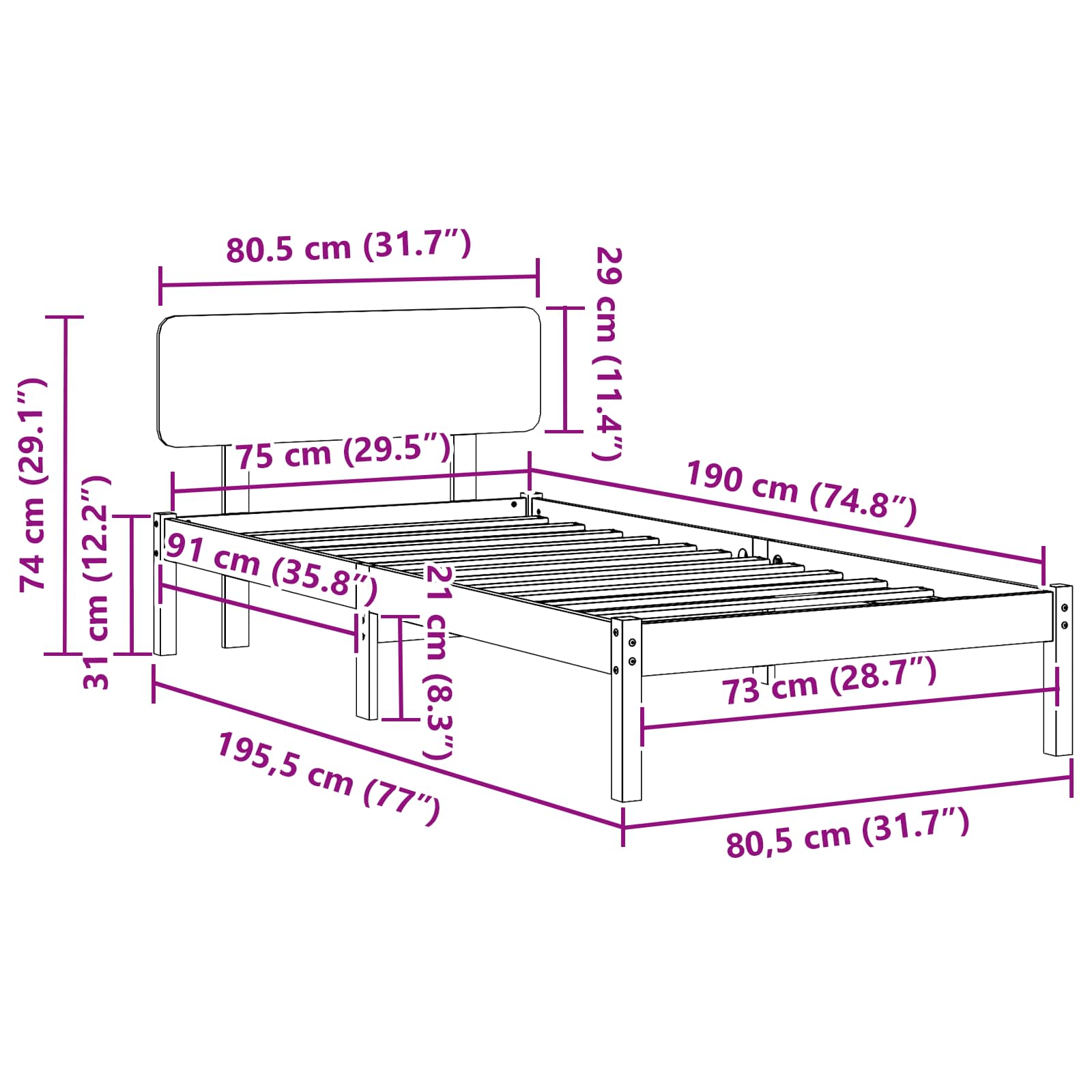 Cadre de lit avec tête de lit Naturel 75 x 190 cm Pin massif - XIOS
