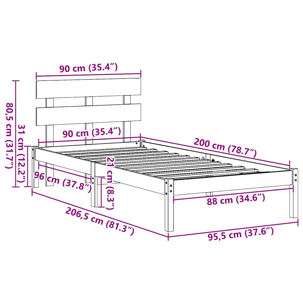 Cadre de lit Marron 90 x 200 cm Bois de pin massif - XIOS