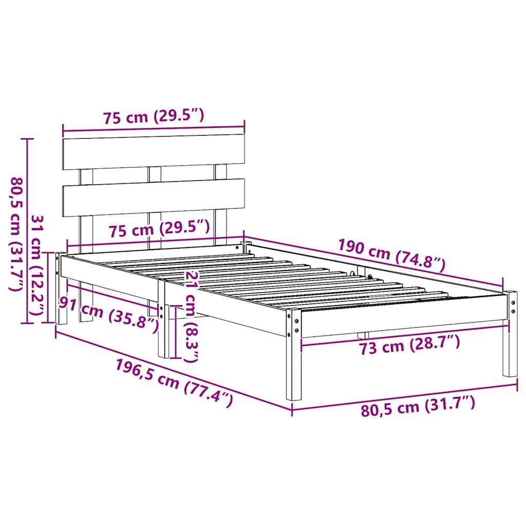 Cadre de lit Marron 75 x 190 cm Bois de pin massif - XIOS