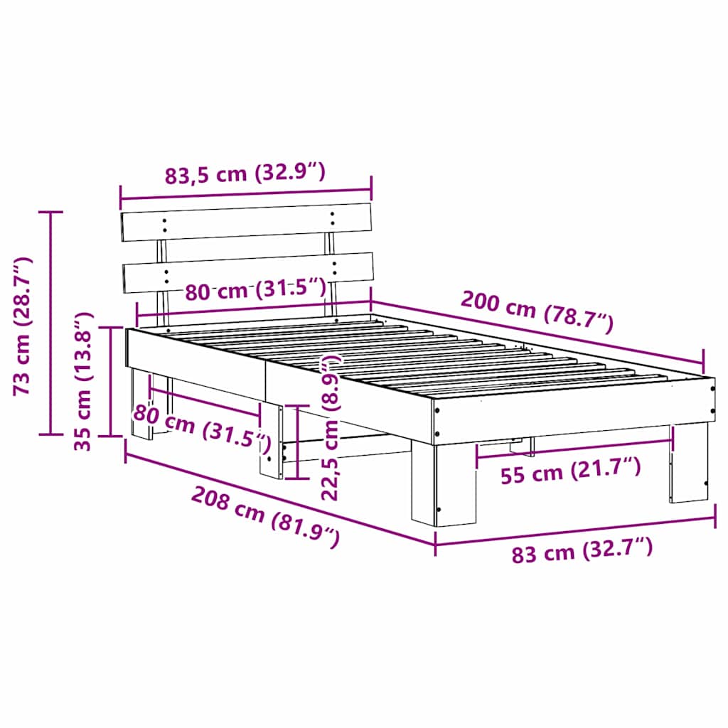 Cadre de lit avec tête de lit Brun cire 80 x 200 cm Pin massif - XIOS