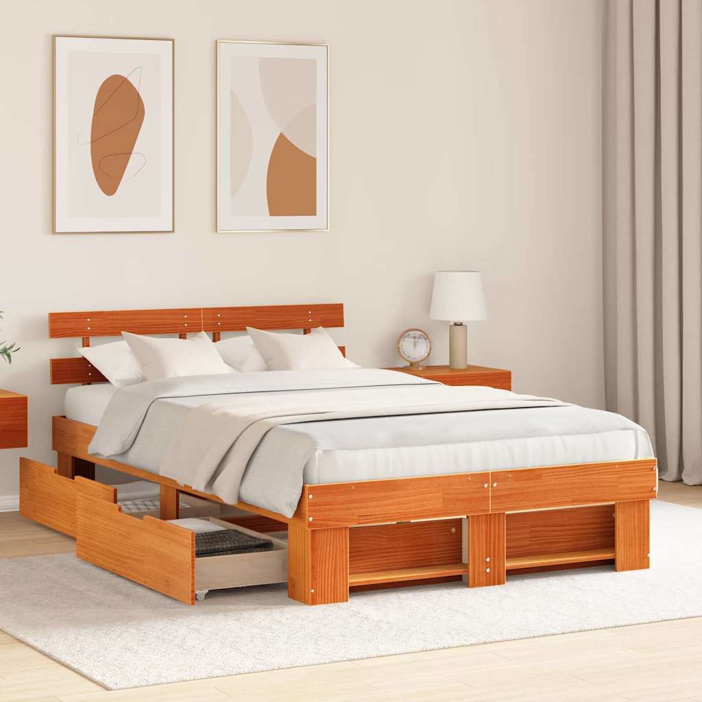 Cadre de lit avec tête de lit Brun cire 135 x 190 cm Pin massif - XIOS