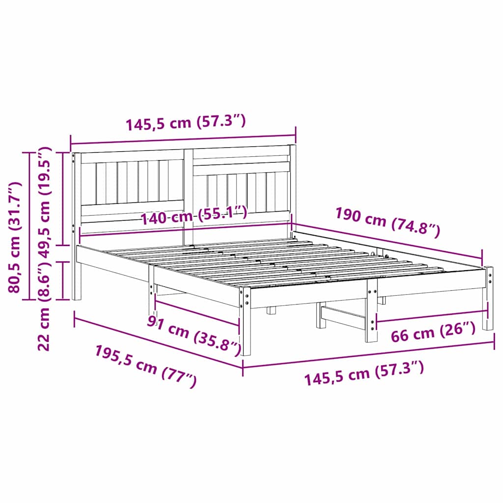 Cadre de lit avec tête de lit Brun cire 140 x 190 cm Pin massif - XIOS