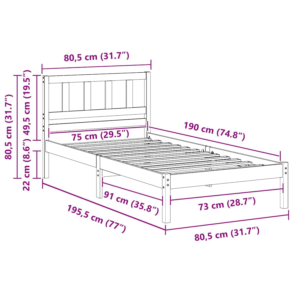 Cadre de lit avec tête de lit Blanc 75 x 190 cm Pin massif - XIOS