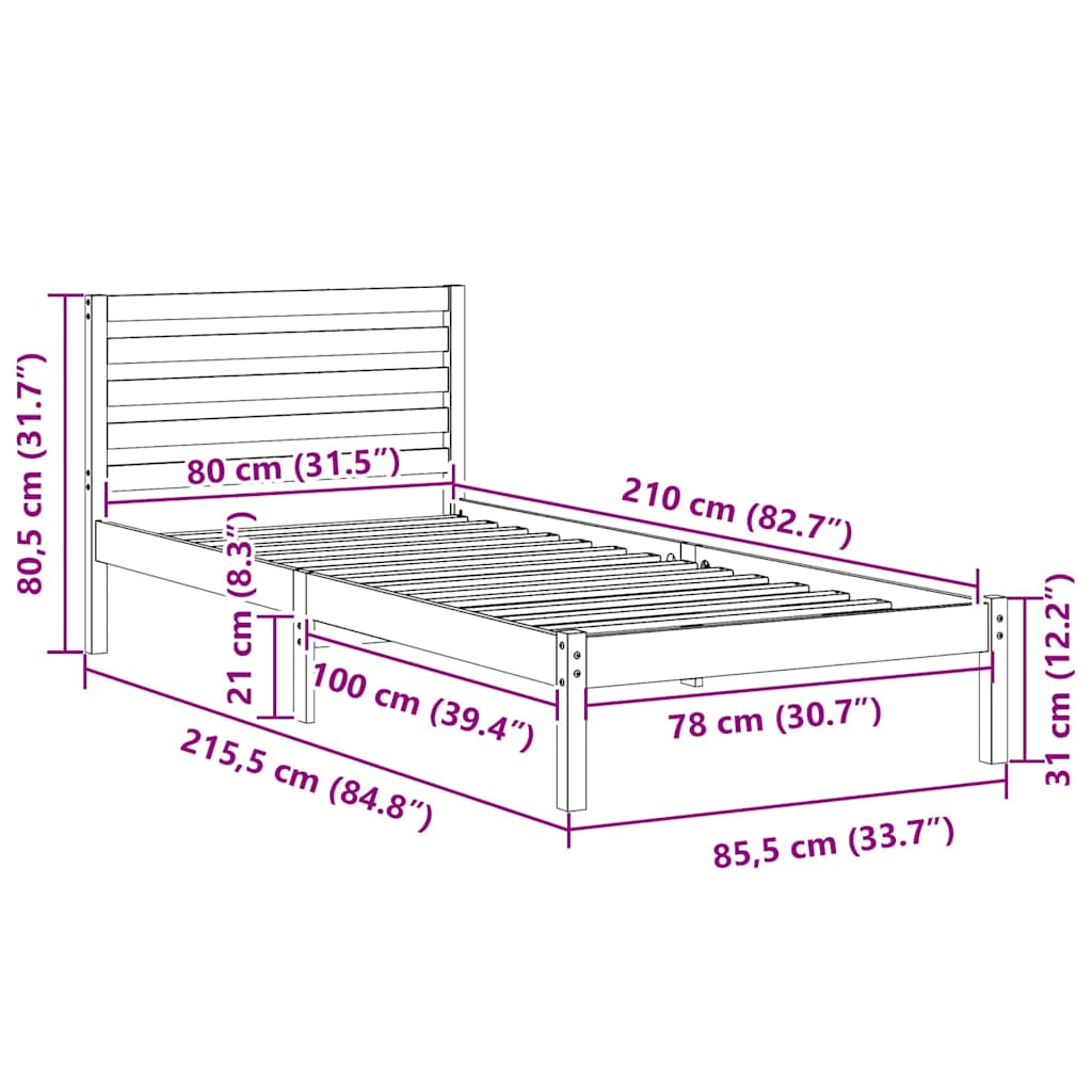 Cadre de lit avec tête de lit Brun cire 80 x 210 cm Pin massif - XIOS