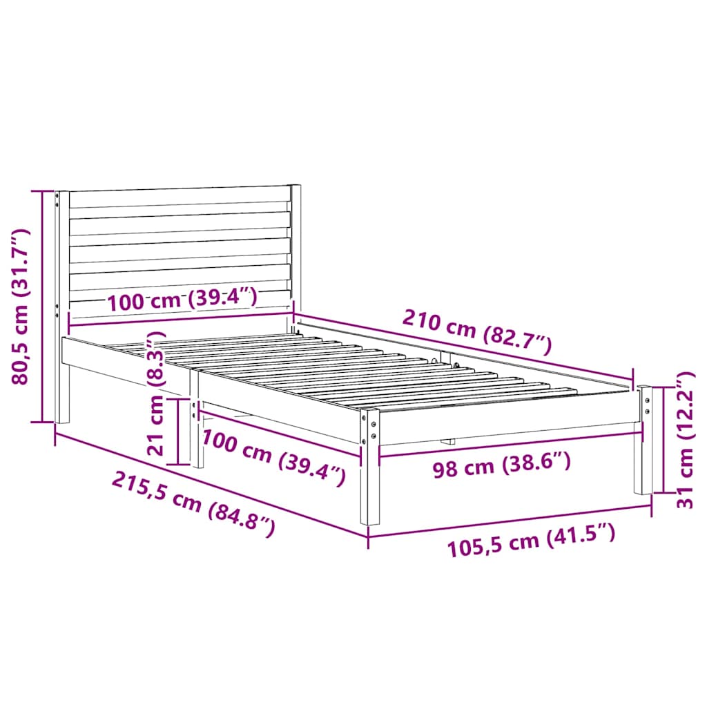 Cadre de lit Marron cire 100 x 210 cm Bois massif en pin - XIOS