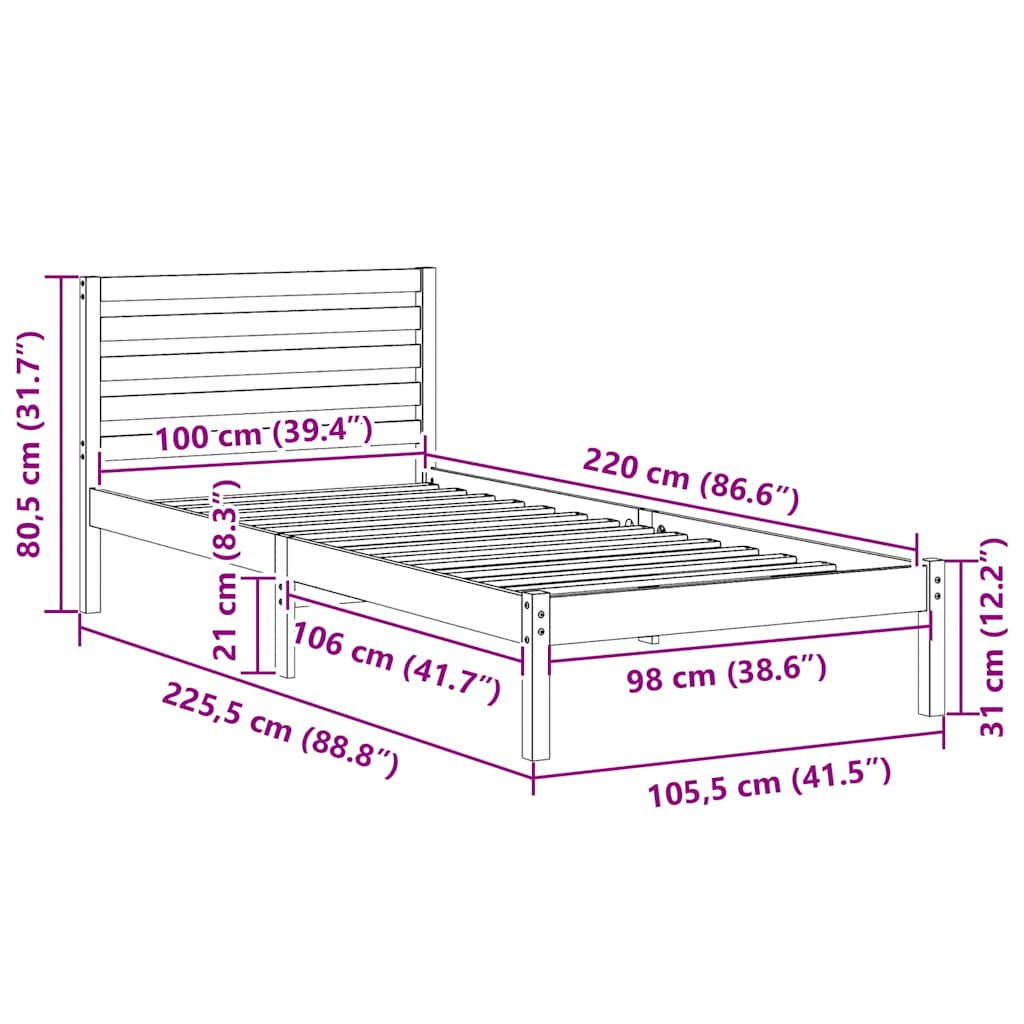 Cadre de lit avec tête de lit Brun cire 100 x 220 cm Pin massif - XIOS
